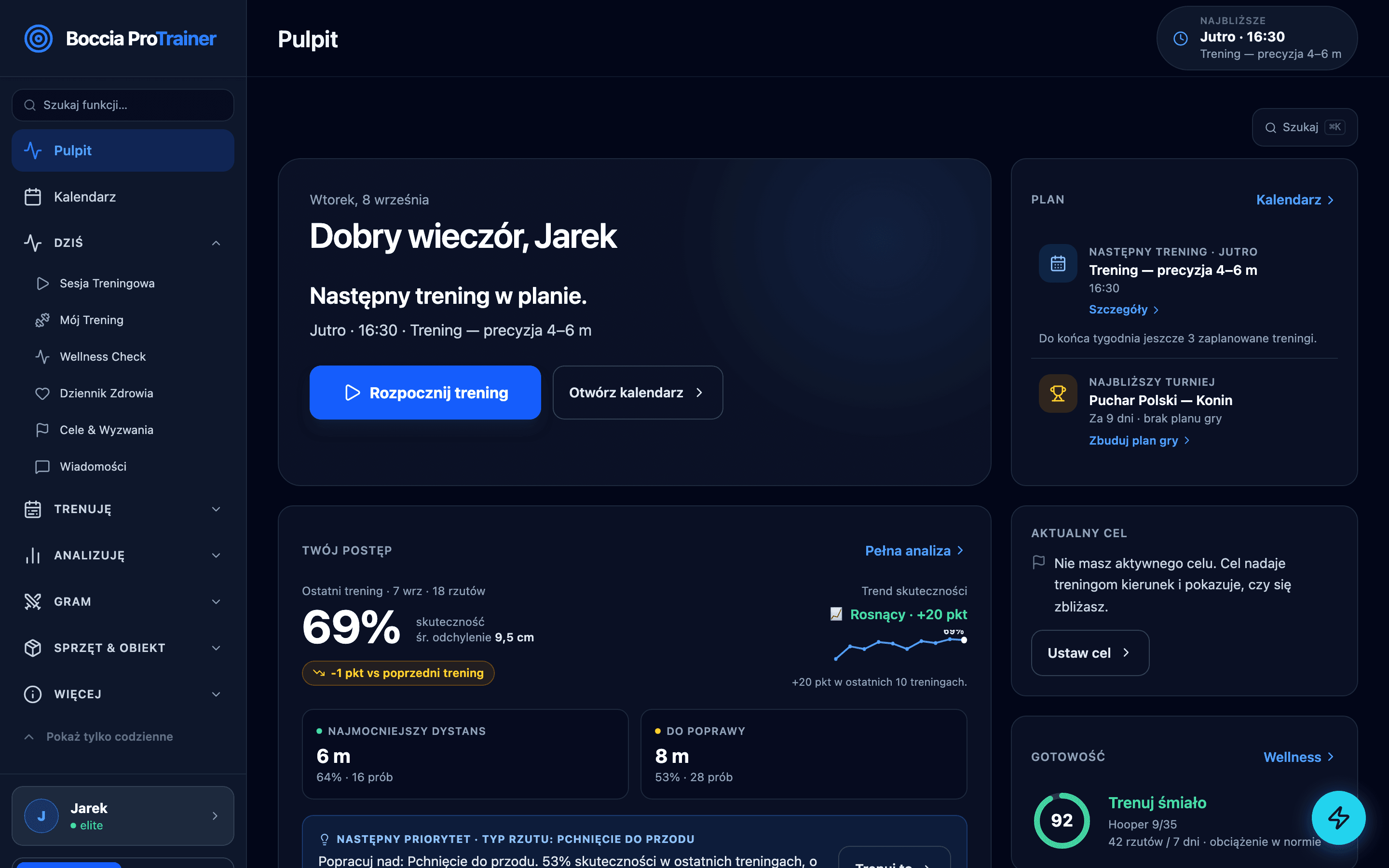 Pulpit Boccia ProTrainer na komputerze: powitanie, następny trening w planie, skuteczność ostatniego treningu 69% z trendem rosnącym, najmocniejszy dystans, gotowość Hooper 9/35 i najbliższy turniej.