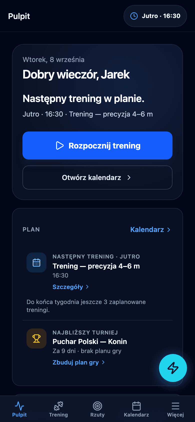 Pulpit Boccia ProTrainer na telefonie z kartą postępu i przyciskiem Rozpocznij trening.