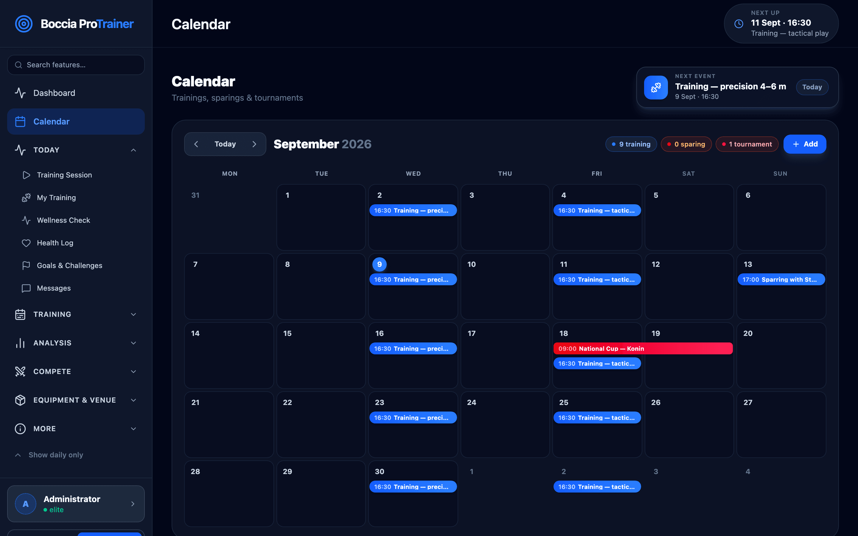 Calendar with planned sessions and a tournament, plus details of the next session.