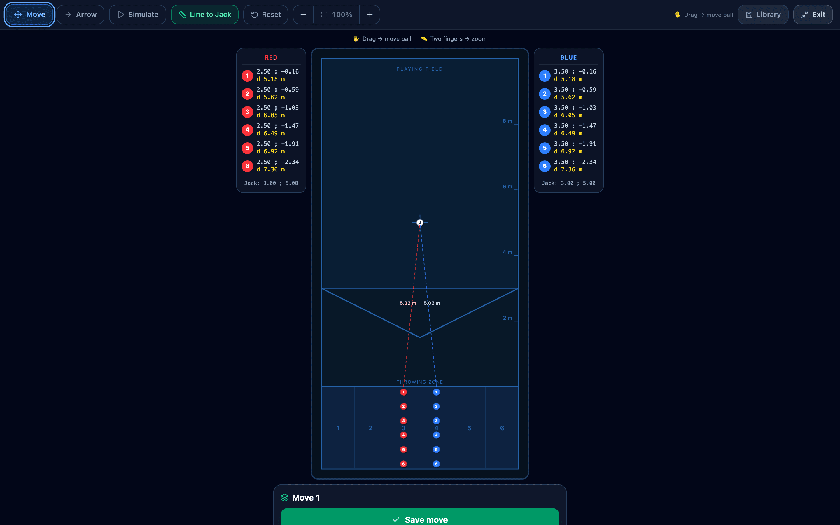 Tactical board: a boccia court with ball positions and drawing tools for plays.