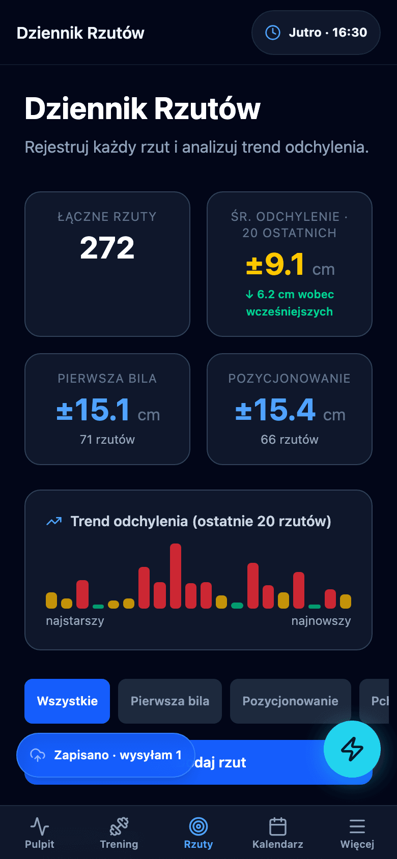 Dziennik rzutów na telefonie z listą ostatnich rzutów i ich wynikami.
