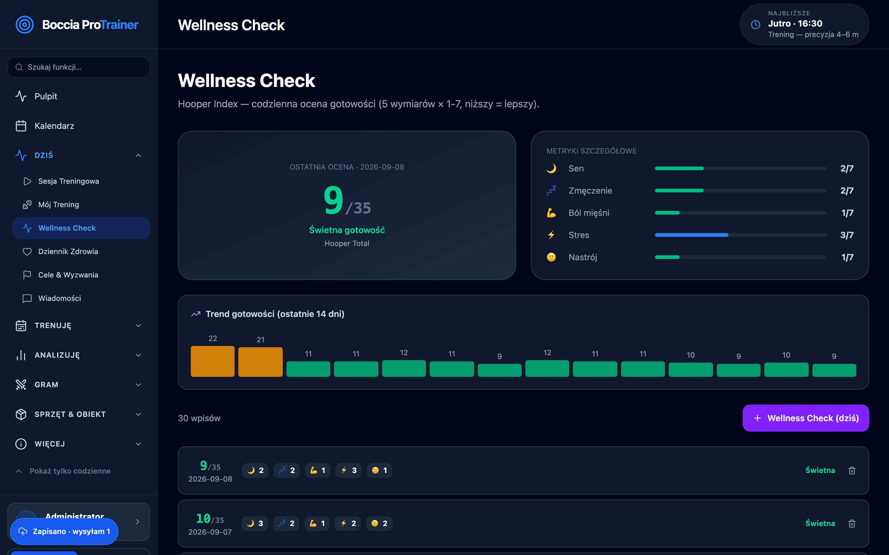 Wellness Check: formularz Hooper (sen, zmęczenie, stres, ból mięśni) i wynik gotowości do treningu.